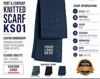 May include: A navy blue knitted scarf with a visible knit texture and the text YOUR LOGO HERE embroidered on the front. The scarf measures 72 inches long by 9 inches wide and is made of 100% acrylic. The image includes text detailing scarf specifications.