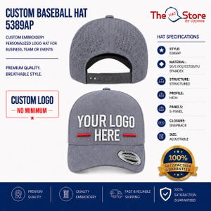 May include: A grey 5-panel baseball hat with a snapback closure and perforated back panels. The front features the text YOUR LOGO HERE in white embroidery with two horizontal red lines. Specifications include 95% polyester and 5% PU spandex.