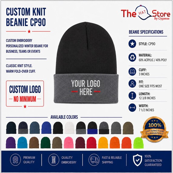 Custom Knit Beanie CP90 Port & Company Embroidery Monogram Business Teams Personalized Winter Hat