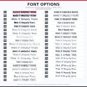 May include: A chart titled FONT OPTIONS PAGE 1 OF 2 displaying thirty-nine distinct black font styles labeled F01 through F39. Each line features the text Make It Uniquely Yours in a different typeface, ranging from block letters to cursive scripts.