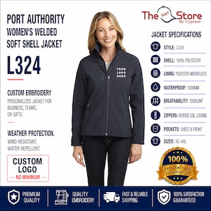 May include: A dark navy blue Port Authority welded soft shell jacket, style L324, featuring a full-length front zipper, a chest pocket, and two front pockets. The jacket includes a polyester shell and microfleece lining, with wind-resistant and water-repellent properties. Text includes jacket specifications, custom embroidery details, and a satisfaction guarantee badge.