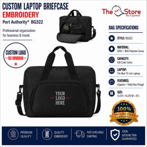 May include: A black laptop briefcase with top handles and a detachable shoulder strap. The front features a zippered pocket with the text 'YOUR LOGO HERE'. Specifications include 600D and 360D polyester canvas, 819 cubic inches, and 12.5"H x 16.375"W x 4"D.