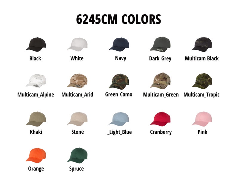 Puede incluir: Una carta de colores titulada 6245CM COLORS que muestra diecisiete gorras de b&eacute;isbol en varios tonos, incluyendo negro, blanco, azul marino, gris oscuro, multicam negro, multicam alpino, multicam &aacute;rido, camuflaje verde, multicam verde, multicam tr&oacute;pico, caqui, piedra, azul claro, ar&aacute;ndano, rosa, naranja y abeto.