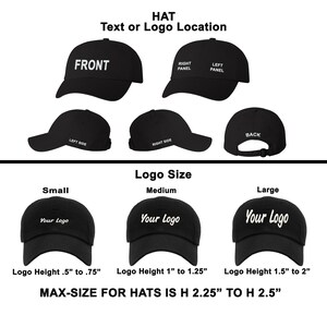 Puede incluir: Una gorra de b&eacute;isbol negra que muestra opciones de ubicaci&oacute;n para texto o logotipos en los paneles frontal, lateral y posterior. Tres gorras muestran tama&ntilde;os de logotipo peque&ntilde;o, mediano y grande de 1,27 cm a 6,35 cm de altura.