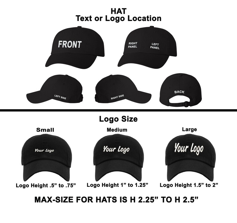 Puede incluir: Una gorra de b&eacute;isbol negra que muestra opciones de ubicaci&oacute;n para texto o logotipos en los paneles frontal, lateral y posterior. Tres gorras muestran tama&ntilde;os de logotipo peque&ntilde;o, mediano y grande de 1,27 cm a 6,35 cm de altura.