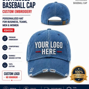 May include: A blue distressed baseball cap featuring the white embroidered text YOUR LOGO HERE with a red horizontal line. The cap has a washed cotton texture, a curved brim with frayed detailing, and an adjustable metal buckle strap at the back.