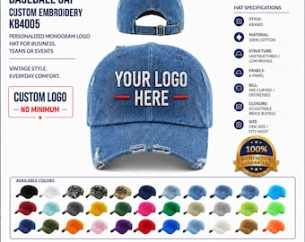 May include: A blue distressed baseball cap featuring the embroidered text YOUR LOGO HERE with a red horizontal line. The cap has a pre-curved bill, six panels, and an adjustable brass buckle closure at the back. A grid of various color options is shown.