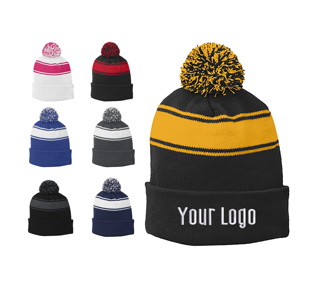 Sporttek® Stripe Pom Pom Beanie STC28, Custom Beanies, Embroidery