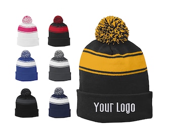 Sport-Tek® Stripe Pom Pom Beanie  STC28, Custom Beanies, Embroidery Beanies, Monogram Beanies, Business, Teams, Personalized.