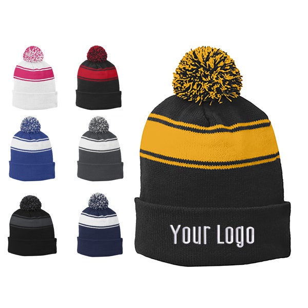 Sport-Tek® Stripe Pom Pom Beanie  STC28, Custom Beanies, Embroidery Beanies, Monogram Beanies, Business, Teams, Personalized.