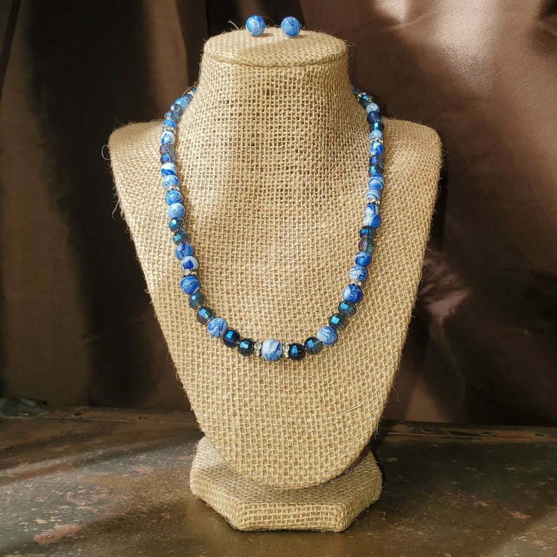 Classic Blue and White Necklace /& Earring Set Pantone Color of the Year 2020 Sparkle Glass Beads Blue Crystal Rondelle Bead Necklace