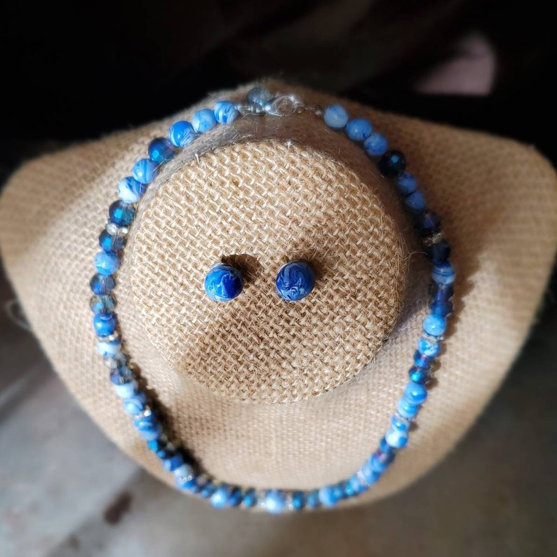 Classic Blue and White Necklace /& Earring Set Pantone Color of the Year 2020 Sparkle Glass Beads Blue Crystal Rondelle Bead Necklace