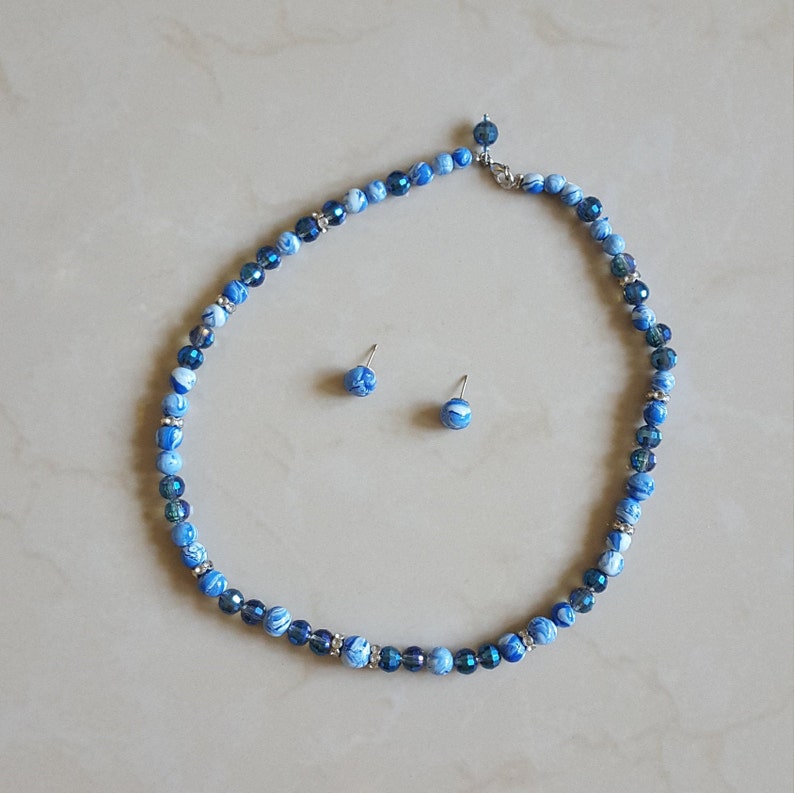 Classic Blue and White Necklace /& Earring Set Pantone Color of the Year 2020 Sparkle Glass Beads Blue Crystal Rondelle Bead Necklace
