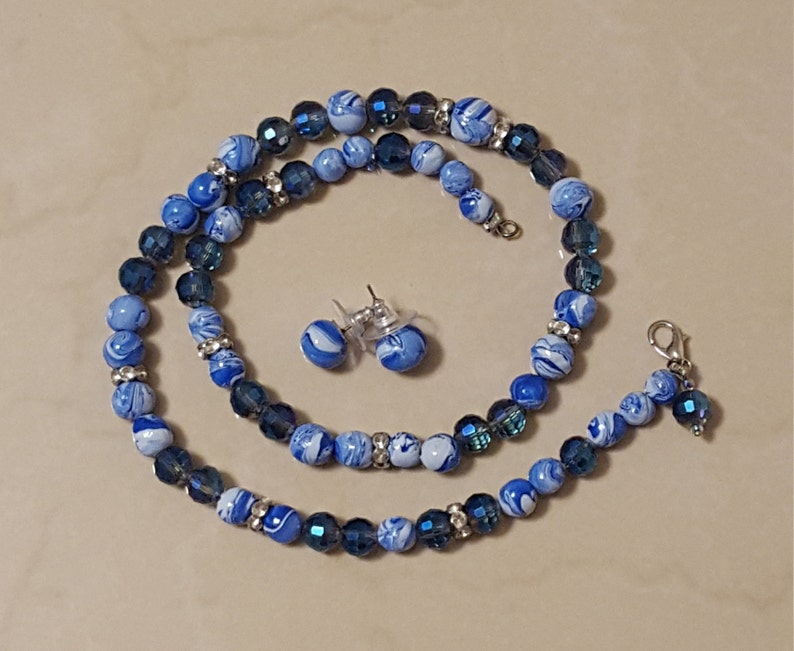 Classic Blue and White Necklace /& Earring Set Pantone Color of the Year 2020 Sparkle Glass Beads Blue Crystal Rondelle Bead Necklace