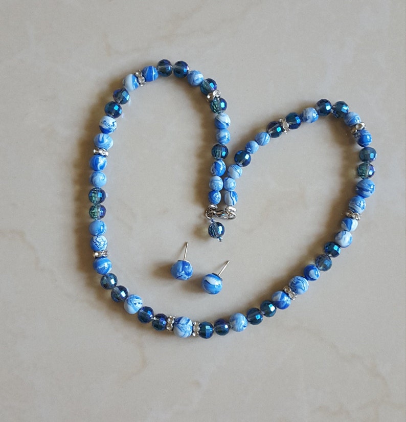 Classic Blue and White Necklace /& Earring Set Pantone Color of the Year 2020 Sparkle Glass Beads Blue Crystal Rondelle Bead Necklace