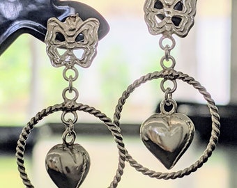 Vintage Puffy Heart and Butterfly Stud Dangle Earrings, Sterling Silver