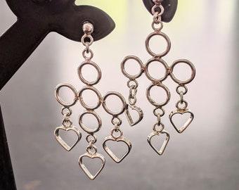 Vintage Heart and Circles Dainty Dangle Earrings, Sterling Silver