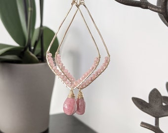 Handmade 14K Gold Filled Rhodochrosite Teardrop Statement Earrings