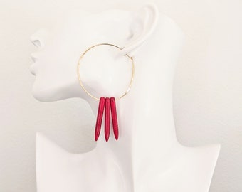 Hammered Hoop Earrings with Bold Red Spikes, 14Kt Gold Filled Hand Forged Earrings, Statement Earrings, Unique Gift