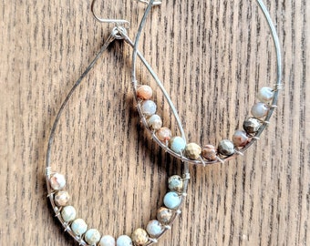Wire Wrapped Blue Opal Teardrop Hoop Earrings, Hand Hammered Sterling Silver Thin Wire Earrings, Dangle Modern Simple, Unique Gift