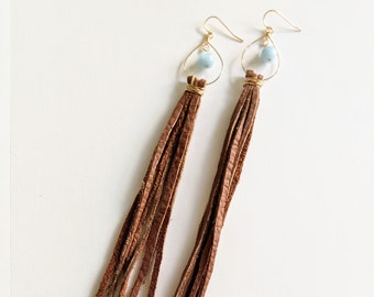 Handmade 14Kt Gold Filled Aquamarine Leather Tassel Earrings