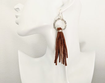 Gray Moonstone Leather Tassel Earrings, Sterling Silver Wire Wrapped