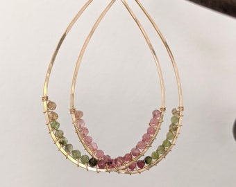 Handcrafted Tourmaline Drop Earrings, 14Kt Gold Filled, Hammered Statement Jewelry