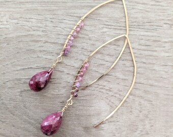 Pink Sapphire and Fuchsia Agate Drop Arc Earrings, Hand Hammered Thin Wire, Marquis Long Dangle, Modern Simple Statement, Unique Gift