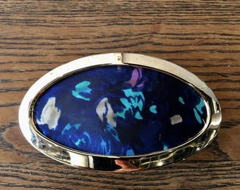Oval Abstract Navy Print Hair Barrette w Gold Trim, Vintage Rare B+D BY BEDE Buch Deichmann, Hair Accessory From 80's 90's, Unique Gift