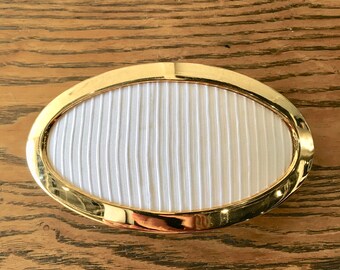 Vintage Oval Hair Barrette, White Stripe Fabric, Gold Trim B+D by BEDE Buch Deichmann
