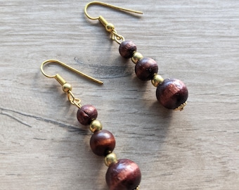 Vintage Three Brown Bead Drop Earrings