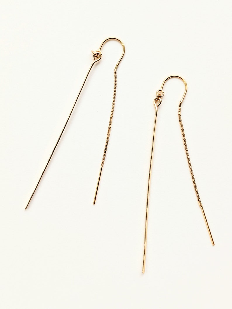 Long Thin Bar Threader Drop Earrings Hand Hammered 14 Kt Gold Etsy