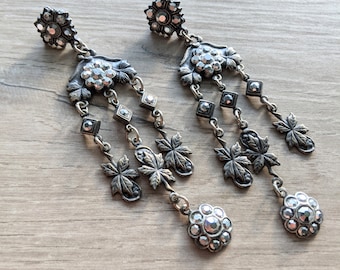 Vintage Gunmetal Crystal Chandelier Earrings, Silver Leaf Pattern