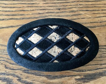 Vintage Black Checkered Suede Cork Hair Barrette, B+D by BEDE Buch Deichmann