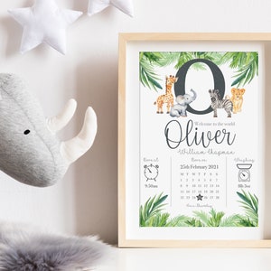 Stampa senza cornice &quot;Safari Baby Stats&quot; - Nome, data, peso e ora personalizzati, decorazione da parete con animali della giungla, regalo per neonato, tema safari