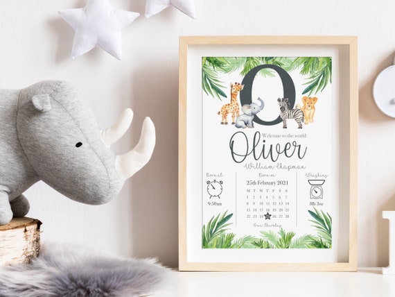 Personalised Safari Animal Nursery Print – Newborn Baby Boy Zoo Themed Birth Gift