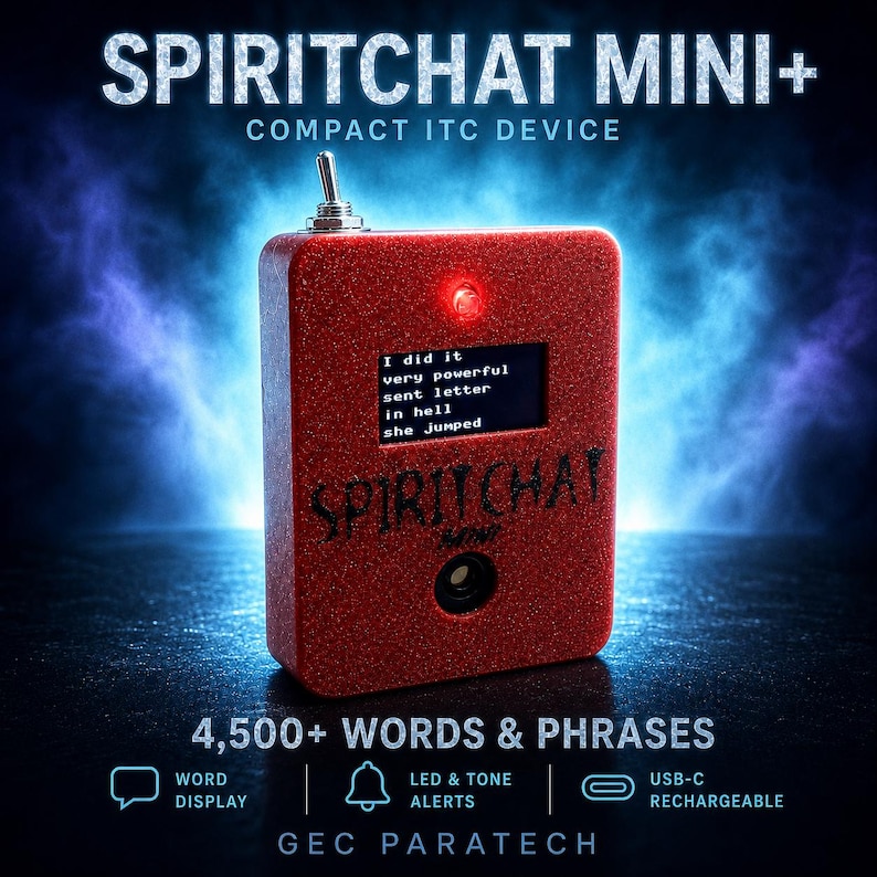 May include: A red glittery rectangular SpiritChat Mini+ ITC device with a toggle switch on top, a small screen displaying text, a red LED light, and a circular speaker. The text reads: I did it, very powerful, sent letter, in hell, she jumped.