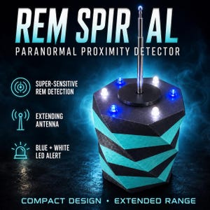 May include: A REM SPIRAL paranormal proximity detector with a geometric black and teal body, a central extending metal antenna, and multiple blue and white LED lights on the top surface. The device features a compact design and extended range.