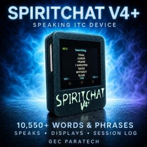 May include: A black, textured SpiritChat V4+ ITC device with a digital screen displaying the text Searching, Trail, Cards, Frame, I Shouted, Raise, Without, Slain, Vol-, Log, and Vol+. The device features the text SpiritChat V4+ on the front.