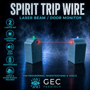 May include: A Spirit Trip Wire laser beam door monitor set featuring two gray devices with the text Spirit Laser Wire embossed on the front. A red laser beam connects the two units, which have green and blue indicator lights on top.