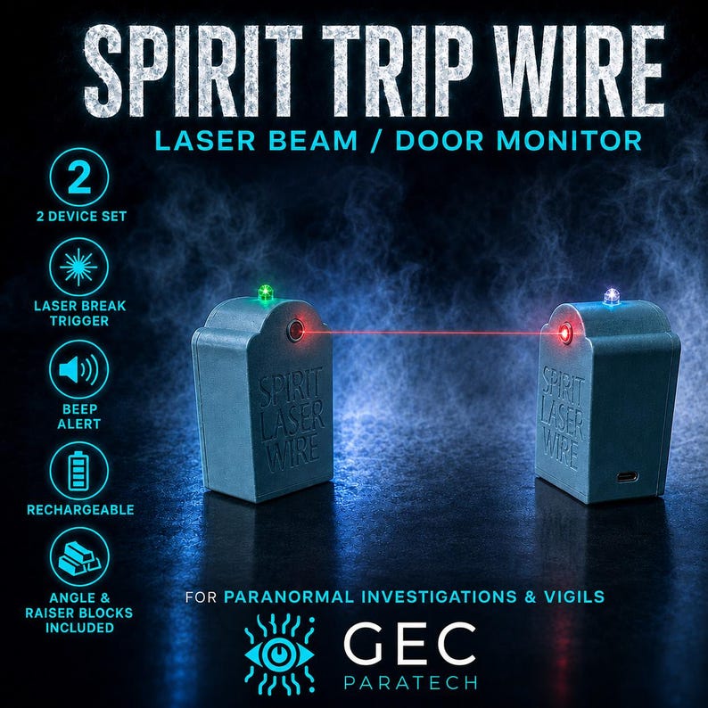 May include: A Spirit Trip Wire laser beam door monitor set featuring two gray devices with the text Spirit Laser Wire embossed on the front. A red laser beam connects the two units, which have green and blue indicator lights on top.