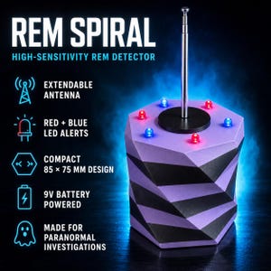 May include: A REM Spiral high-sensitivity REM detector featuring a purple and black geometric base, an extendable metal antenna, and red and blue LED lights. The device is labelled as 85 x 75 mm, 9V battery powered, and for paranormal investigations.