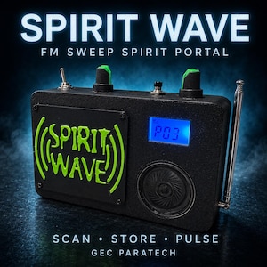 Puede incluir: Un dispositivo de portal espiritual de barrido FM rectangular negro con un logotipo verde de Spirit Wave, una pantalla digital azul que muestra P03, un altavoz circular, dos perillas con tapa verde, un interruptor de palanca y una antena plateada.