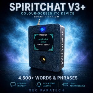 May include: A rectangular SpiritChat V3+ ITC device with a dark, glittery finish. It features a color screen displaying the text 'neglected some metal spike', a blue LED light, a toggle switch, and a circular port. The side is labeled 'SPIRITCHAT'.