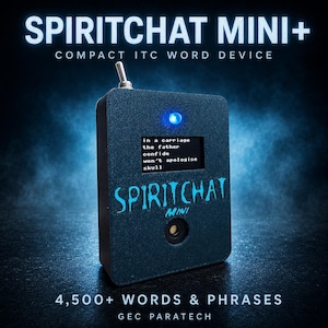 May include: A black rectangular Spiritchat Mini+ compact ITC word device with a toggle switch on top, a blue LED light, and a small screen displaying the text: in a carriage, the father, confide, won't apologise, skull. The device features the text Spiritchat Mini.