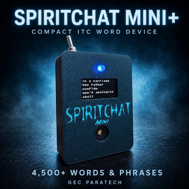 May include: A black rectangular Spiritchat Mini+ compact ITC word device with a toggle switch on top, a blue LED light, and a small screen displaying the text: in a carriage, the father, confide, won't apologise, skull. The device features the text Spiritchat Mini.