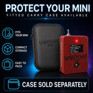 May include: A red glittery SpiritChat Mini device with a toggle switch, a small screen displaying text, and a black zippered carry case. The text on the device reads SpiritChat Mini, and the screen displays: I did it, very powerful, sent letter, in hell, she jumped.