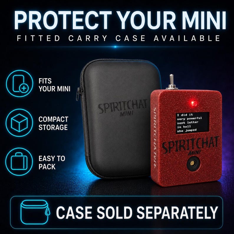 May include: A red glittery SpiritChat Mini device with a toggle switch, a small screen displaying text, and a black zippered carry case. The text on the device reads SpiritChat Mini, and the screen displays: I did it, very powerful, sent letter, in hell, she jumped.