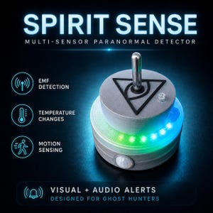 Op de afbeelding: Een cilindrische Spirit Sense multi-sensor paranormale detector met een metallic afwerking, een centrale antenne en een zwart driehoekig oog-symbool. Het apparaat heeft een oplichtende groene LED-ring, een bewegingssensor en tekstlabels.