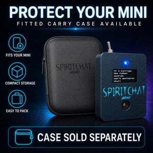 May include: A black rectangular SpiritChat Mini device with a toggle switch, a blue LED, and a screen displaying the text 'in a carriage the father confide won't apologise skull', positioned next to a black zippered carrying case with the logo embossed.